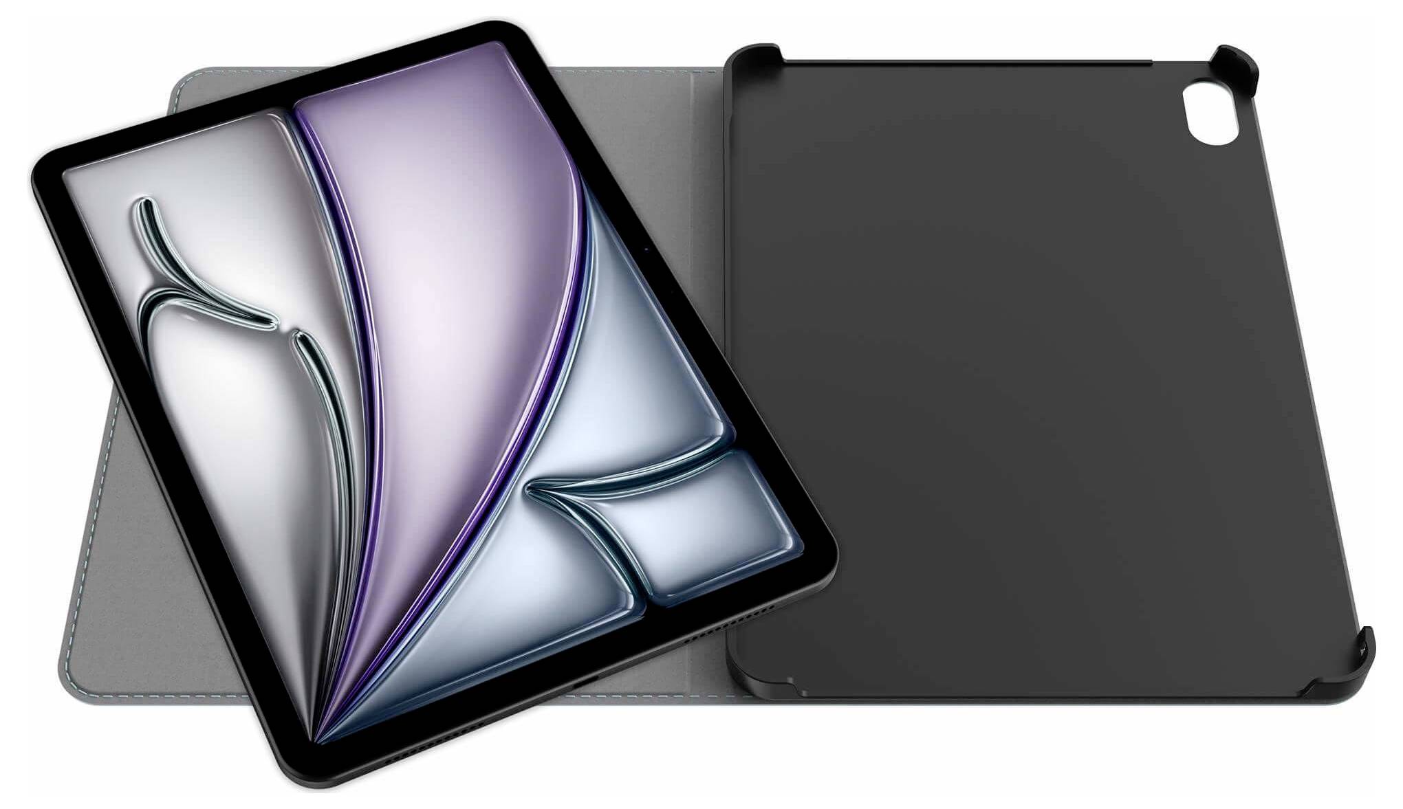 Tablet v šedém skládacím pouzdře, zobrazený otevřený vlevo a zavřený vpravo, s černým výřezem pro fotoaparát.