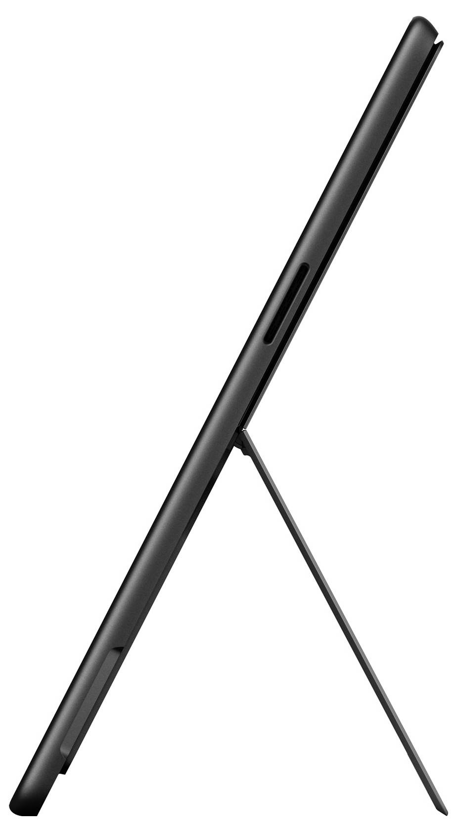 Černý tablet nebo stylus zobrazený z bočního pohledu s připojeným stojánkem rozšířeným pro podepření.