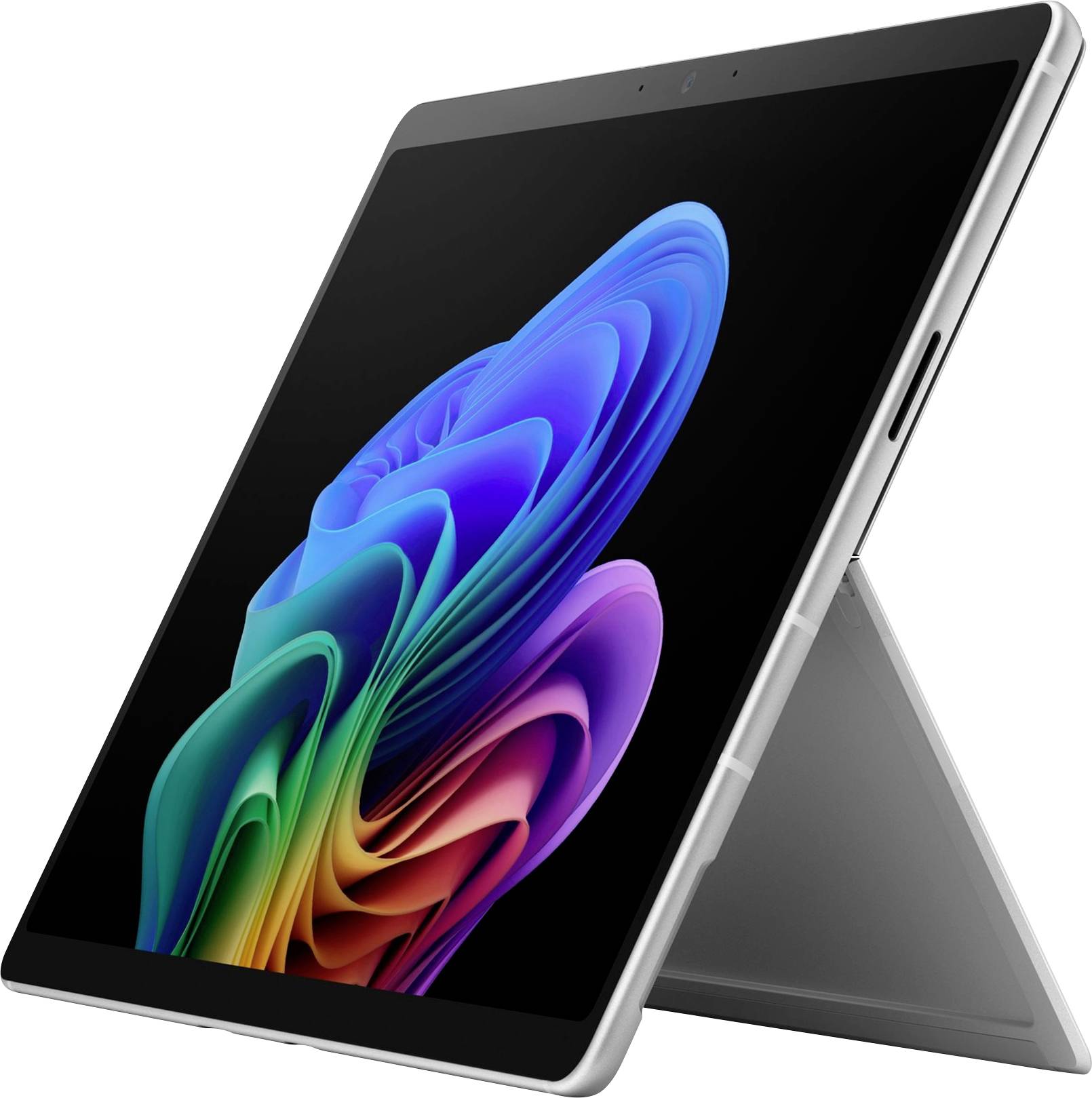 Stříbrný tablet 2 v 1 v režimu stojanu zobrazující barevné abstraktní pozadí na černé obrazovce.