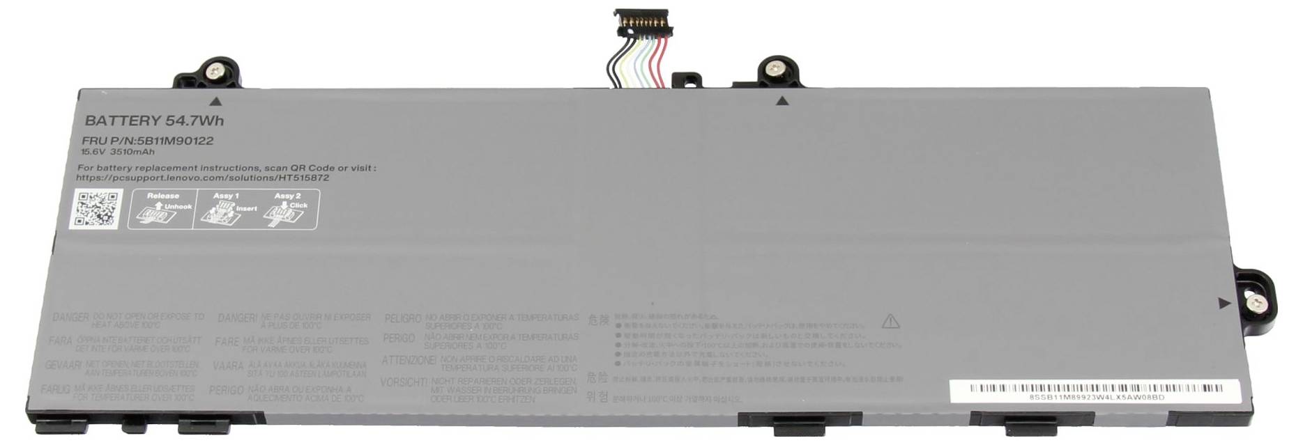 Šedý bateriový blok notebooku s označením "BATTERY 54.7Wh" s konektory a varujícími ikony, zobrazený na bílém pozadí.