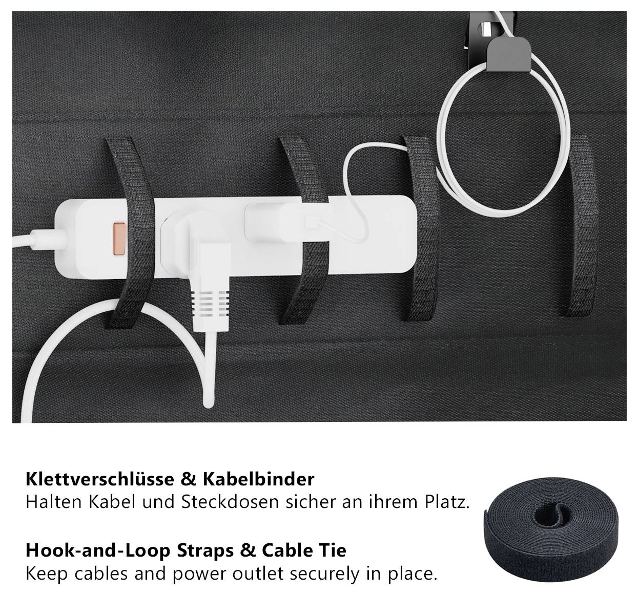 Taška se suchými zipy a vázacími pásky fixuje zásuvkovou lištu a kabely; pod tím je poznámka „Suchý zip a vázací pásky" a „Hook-and-Loop Straps & Cable Tie".