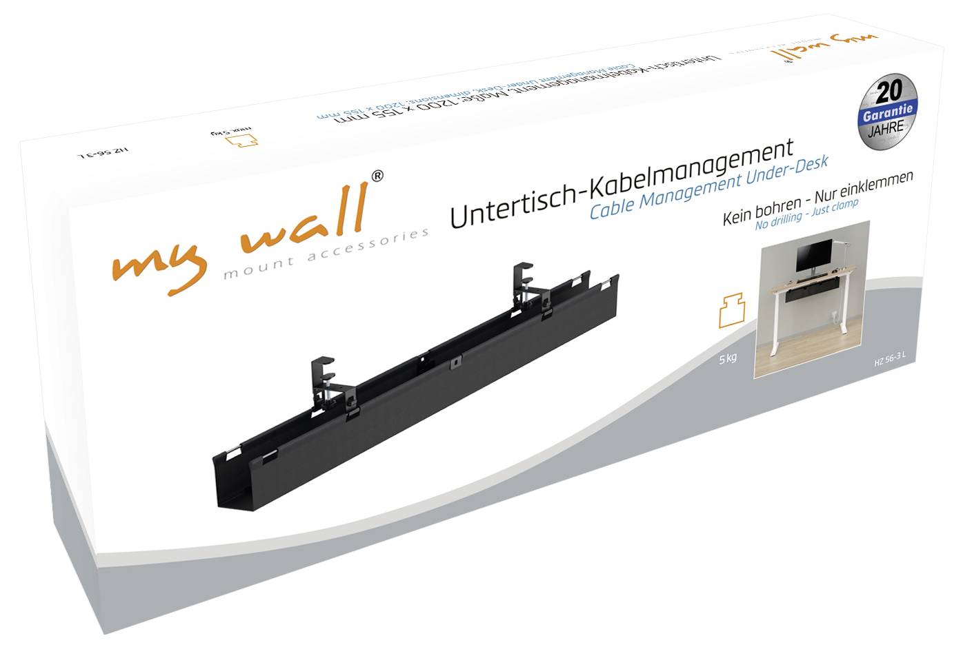 Balení pro systém řízení kabelů pod stolem od 'my wall' s černým kabelovým kanálem a upozorněním 'Bez vrtání – Pouze stisknutí'.