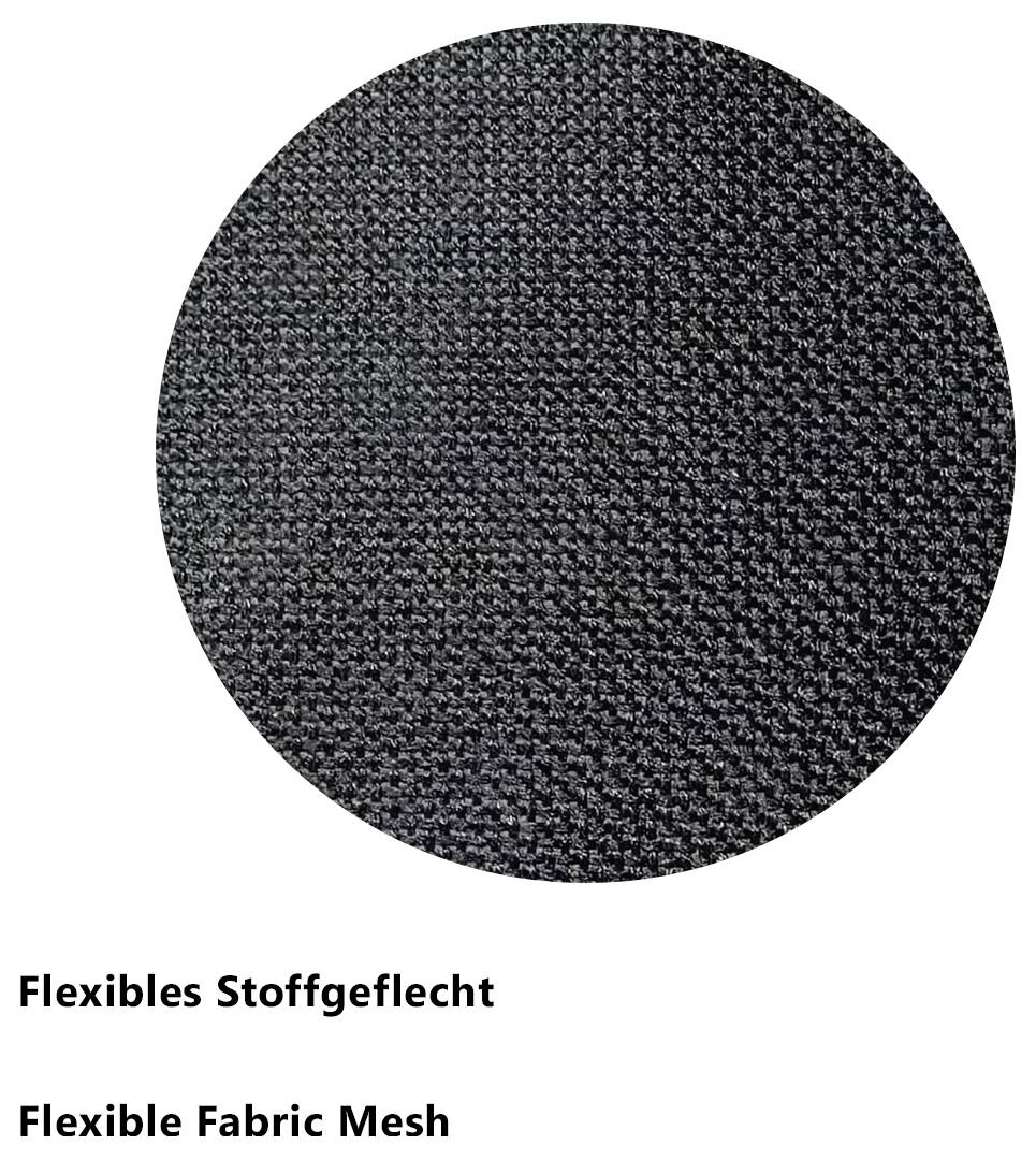 Tmavé kulatě vystřihované tkanické pletivo; pod ním nápis 'Flexibles Stoffgeflecht' a 'Flexible Fabric Mesh'.