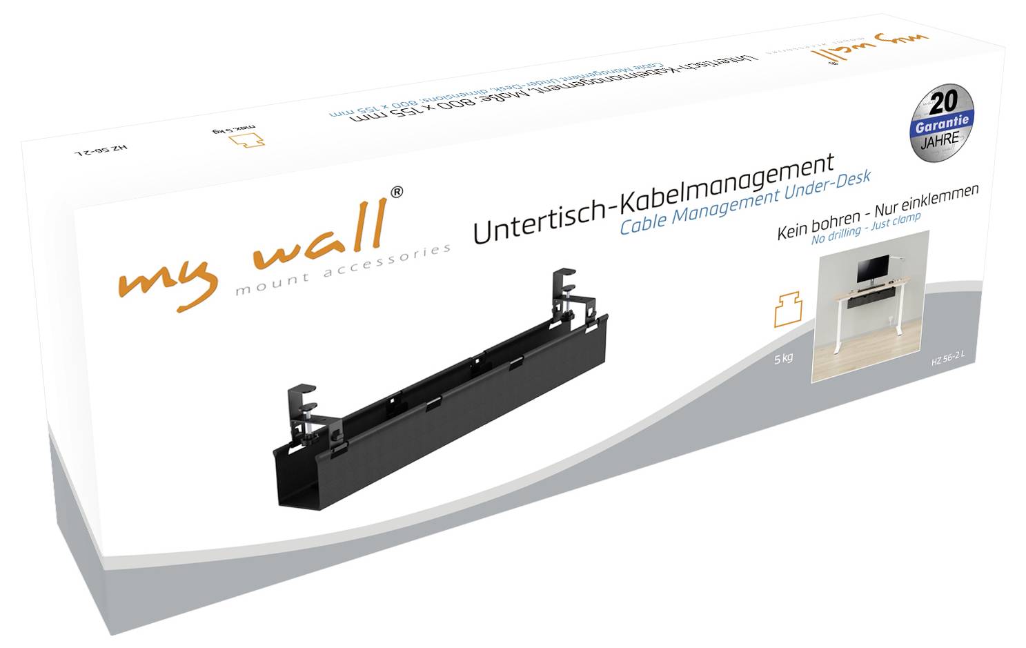 Balení produktu pro my wall správu kabelů pod stolem: černý kabelový modul pod pracovní stůl s poznámkou „Bez vrtání – pouze stisknutí".