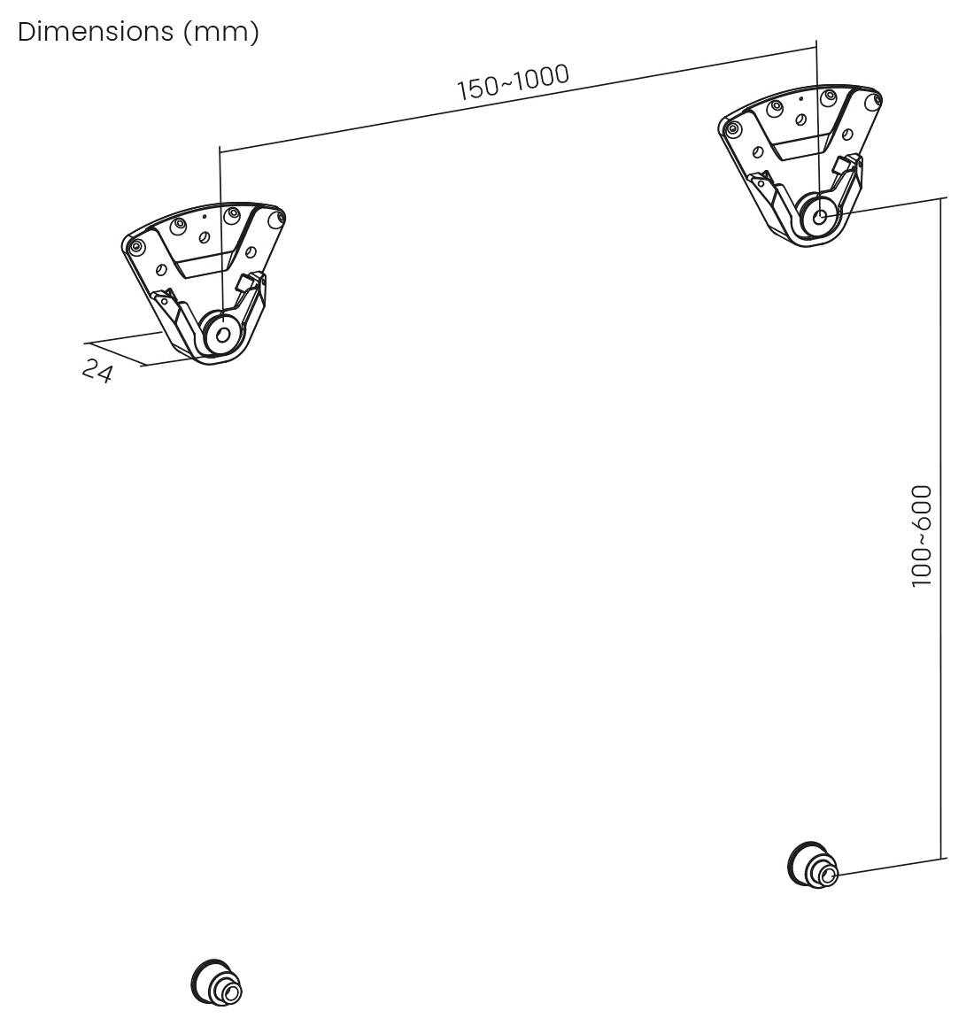 Technický diagram rozměrů zobrazující dvě nástěnné konzoly propojené čárou, popis rozměrů v milimetrech: 150-1000 v horní části, 100-600 svisle a 24 hloubka.