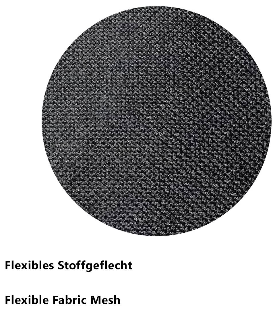 Kulaté foto pružné černé látkové sítě; pod ní je nápis "Pružná látková síť" a "Flexible Fabric Mesh".