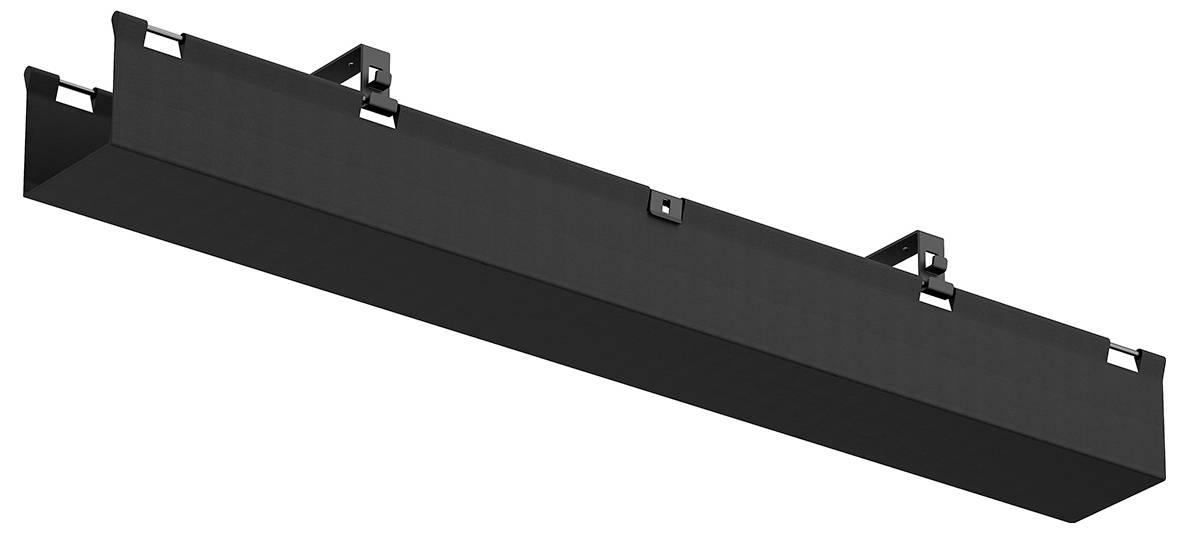 Černá obdélníková lineární svítidla nebo LED pouzdro zobrazené diagonálně na bílém pozadí s montážními klipsy podél horního okraje.