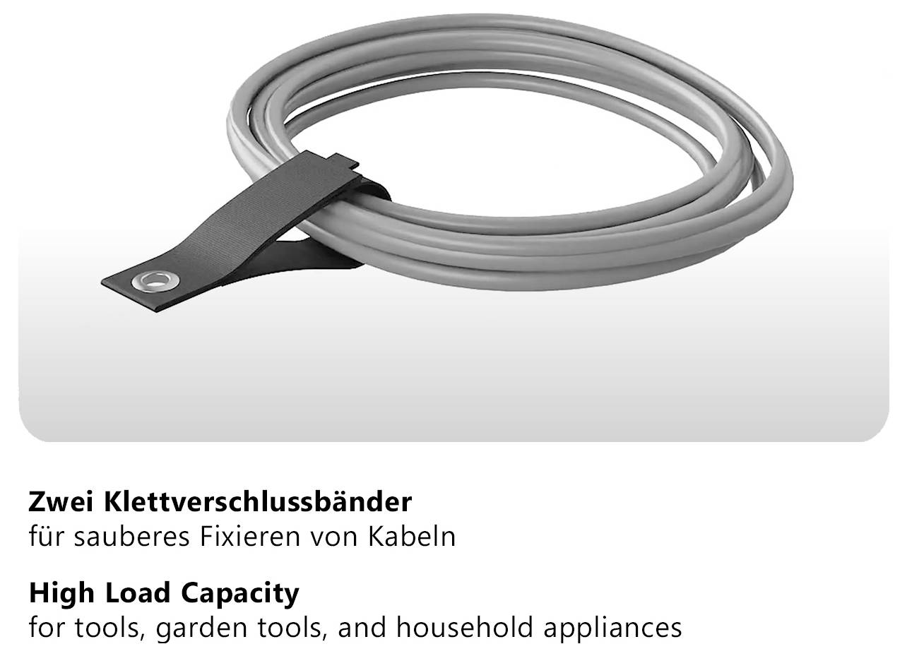 Dva šedé pásky na kabely s černým uzávěrem pro čisté upevnění kabelů; vysoká nosnost pro nástroje, zahradní nářadí a domácí spotřebiče.