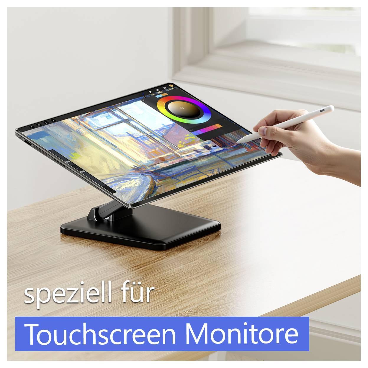 Ruka používá pero na naklápěcím dotykovém monitoru; na obrazovce je vidět kreslicí software s barevným kruhem.