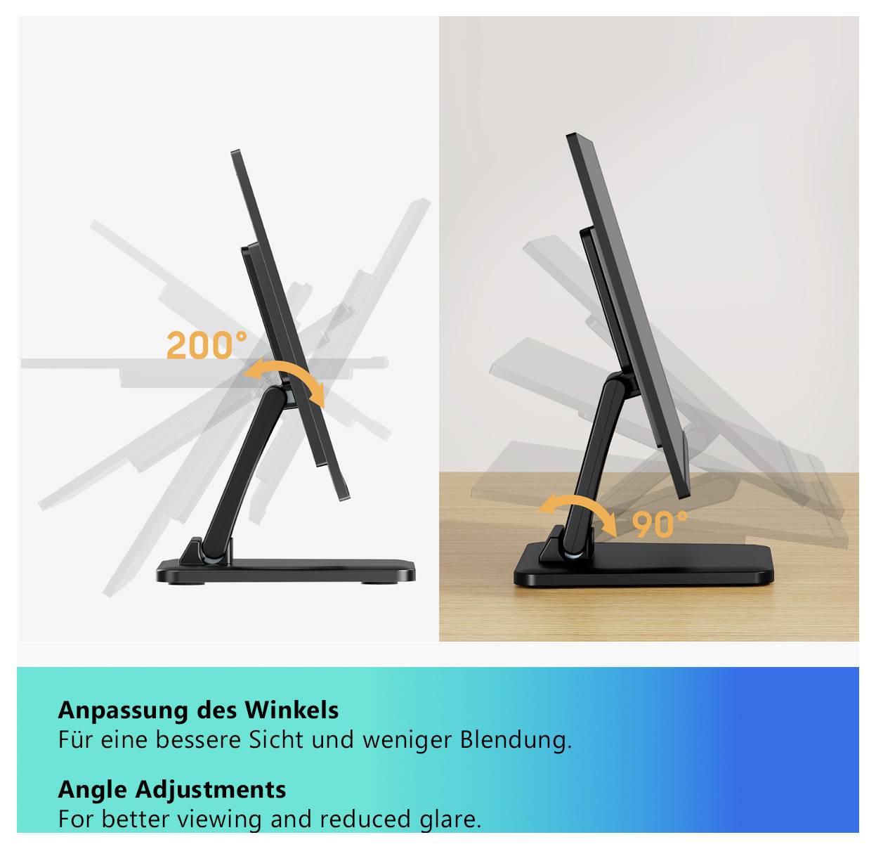 Boční srovnávací grafika monitoru: vlevo nastavení 200°, vpravo nastavení 90°; pod tím text "Nastavení úhlu" a "Pro lepší zobrazení a snížení odslesku."