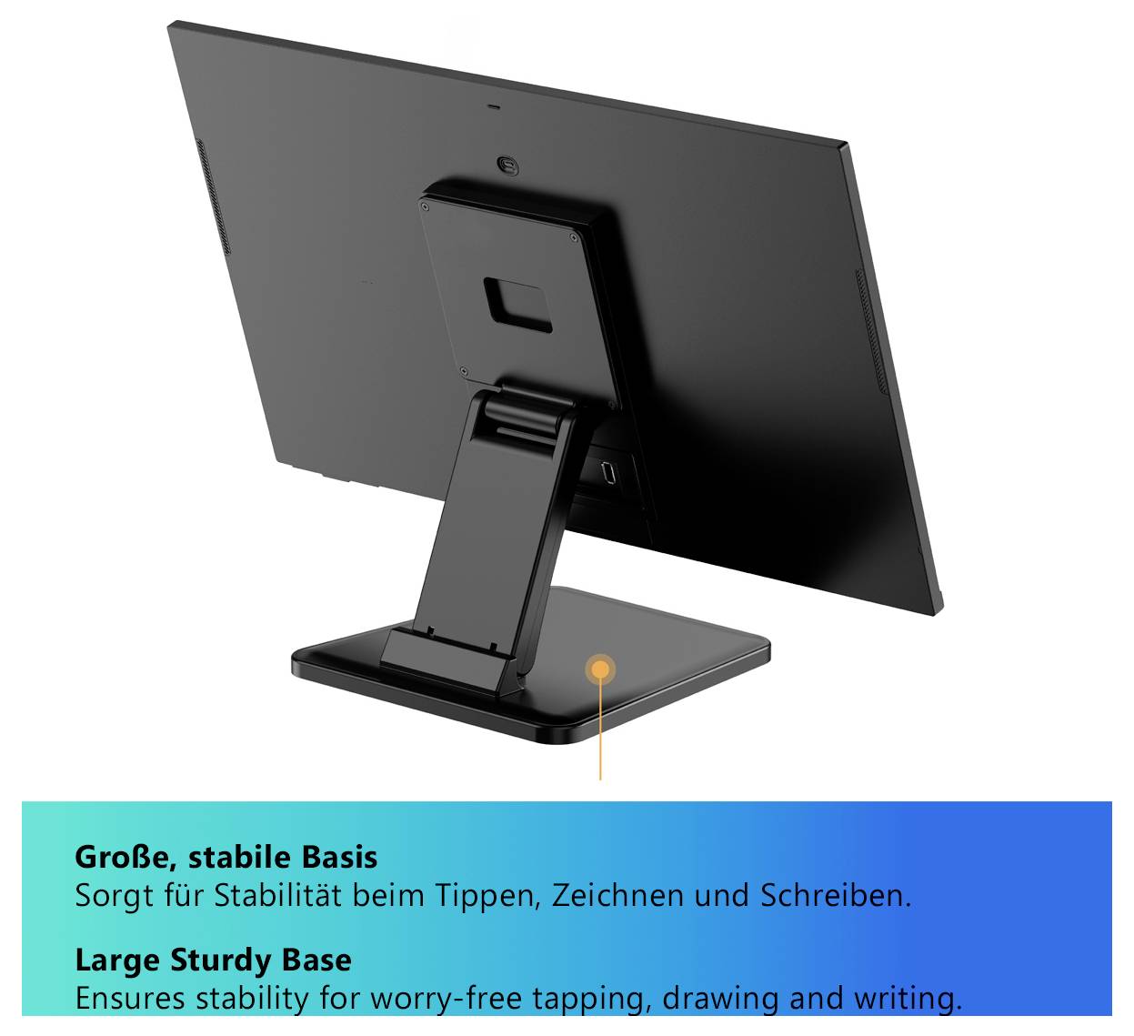Grafika černého stojanu na monitor s velkou stabilní základnou; Text: „Velká stabilní základna – Zajišťuje stabilitu pro bezstarostné psaní, kreslení a psaní."