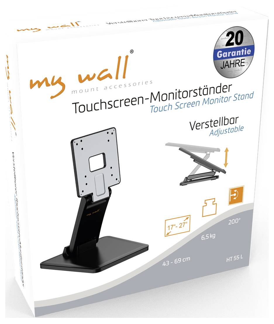 Nastavitelný stojan na monitor s dotykovým displejem od my wall, pro obrazovky 17–27 palců, 43–69 cm, do 6,5 kg, s 20letou zárukou.