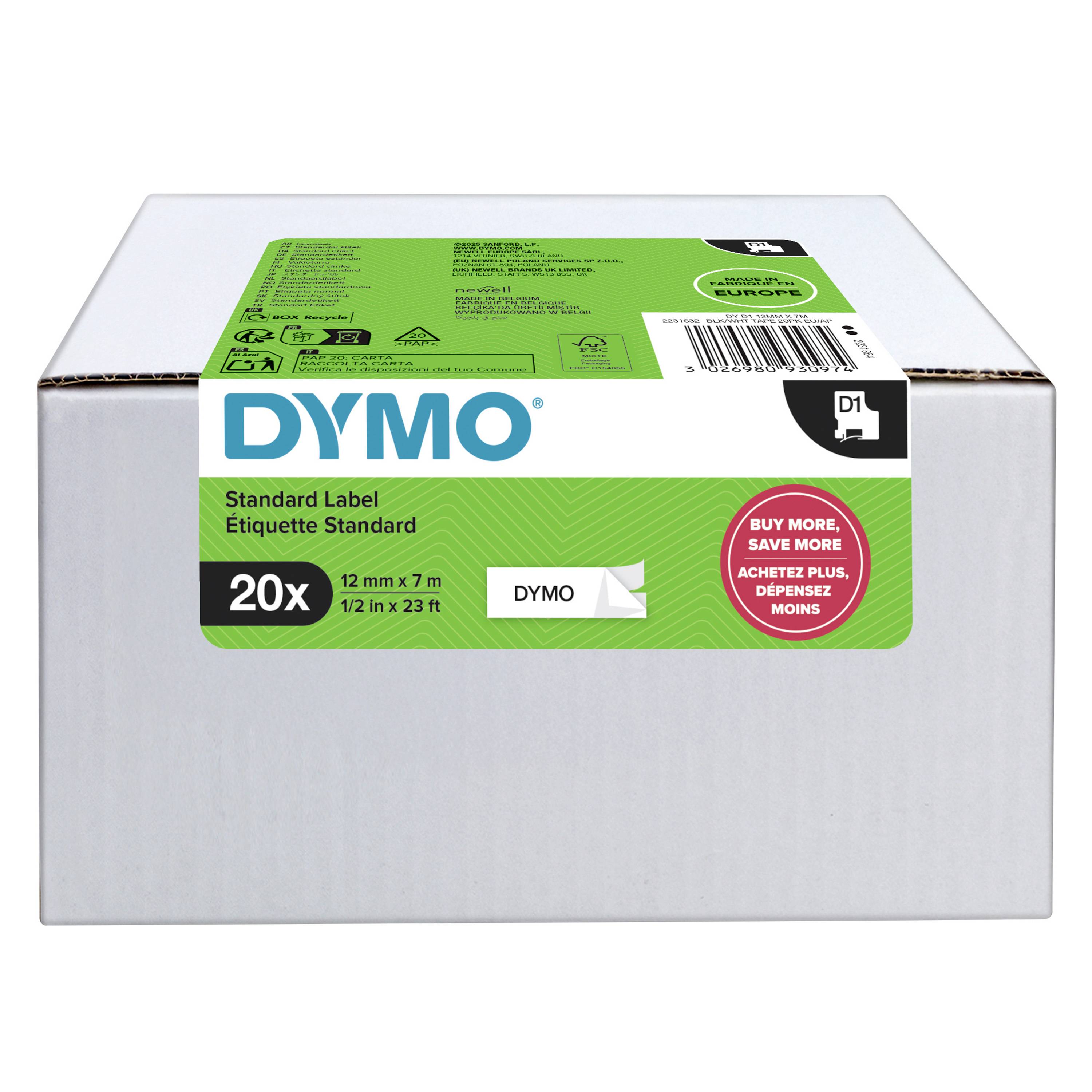 Krabice standardních etiket DYMO, 20 rolí, 12 mm x 7 m, se zeleným štítkem produktu a čárovým kódem na přední straně.