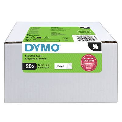 Krabice standardních etiket DYMO, 20 rolí, 12 mm x 7 m, se zeleným štítkem produktu a čárovým kódem na přední straně.
