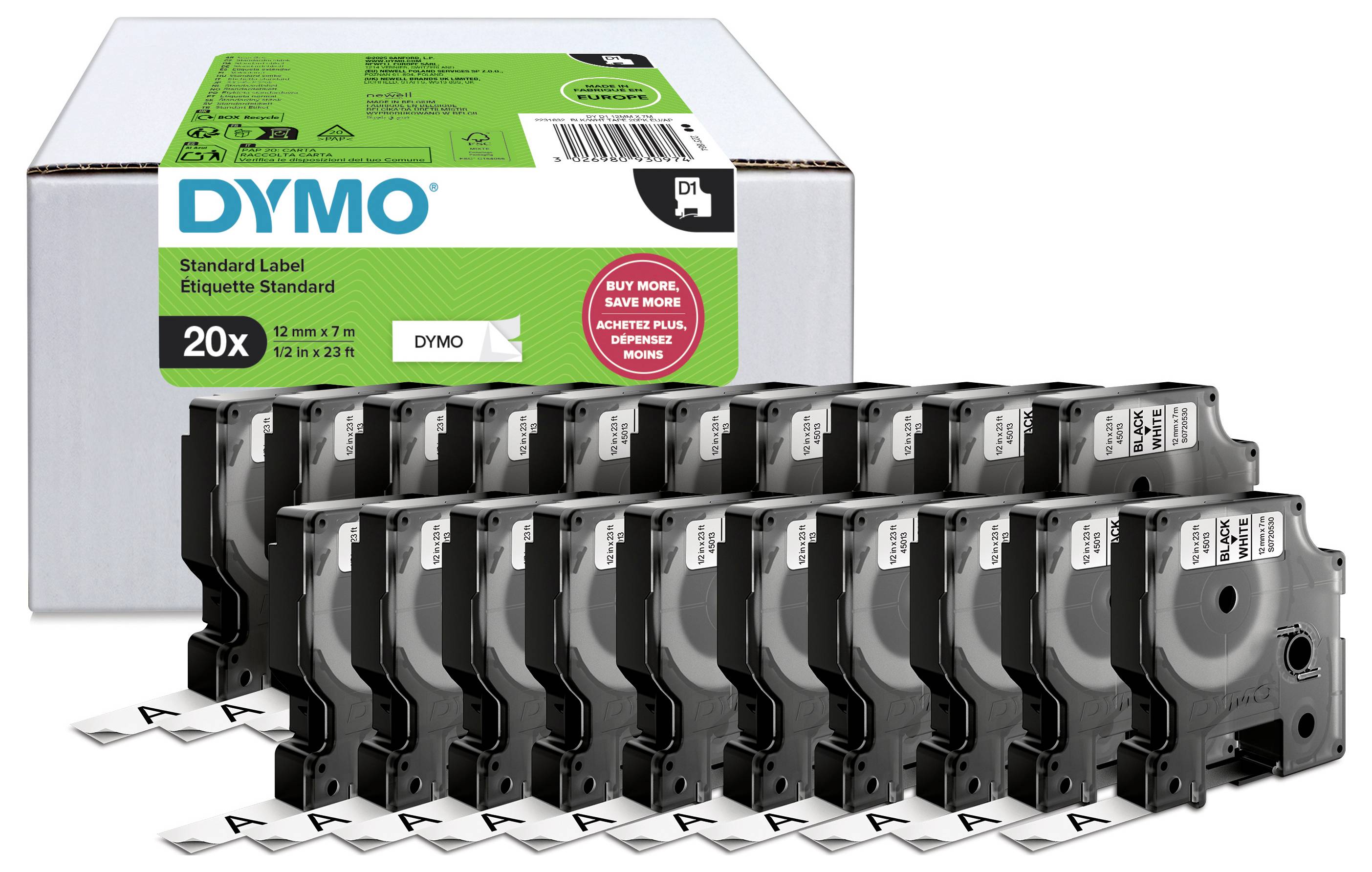 Sada náhradních pásk DYMO Standard Label writer s 20 černými válci etiket zobrazená před balením
