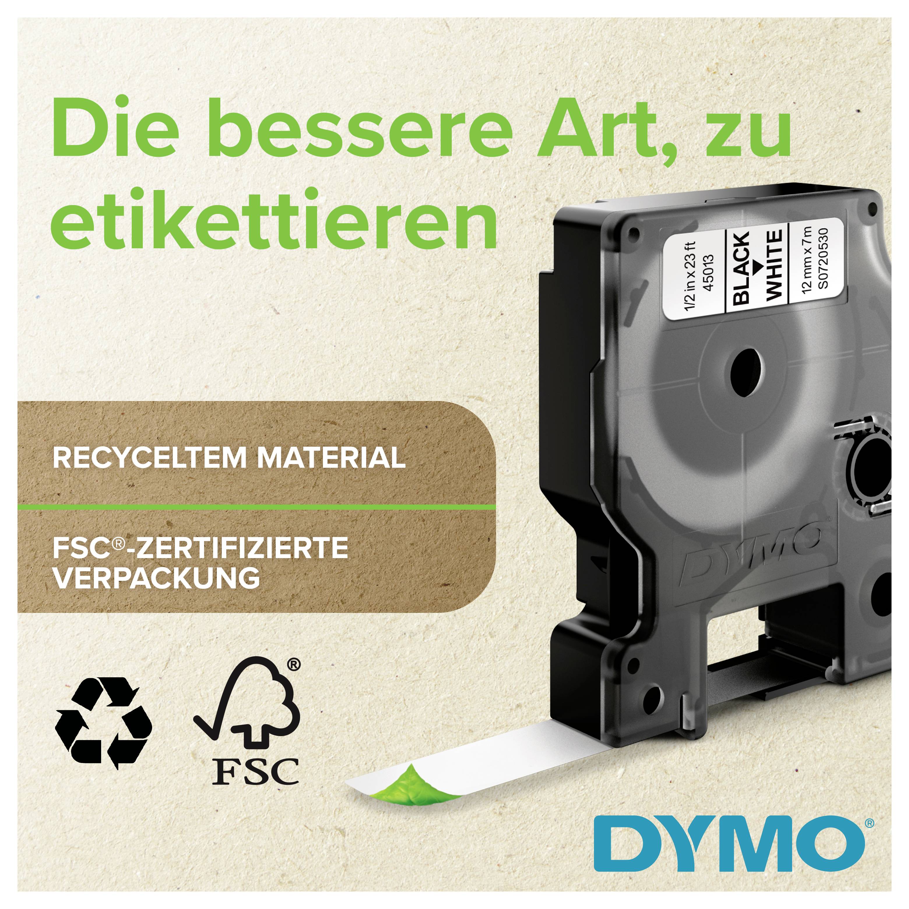 Tiskárna etiket DYMO s německým textem propagujícím recyklovaný materiál a FSC-certifikované balení, spolu s logem recyklace a FSC logem.