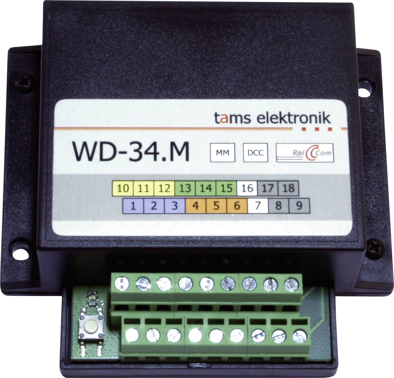 Elektronický řídící modul WD-34.M od společnosti 'tams elektronik' s čísleným řadami indikátorů a zeleným blokem konektoru.