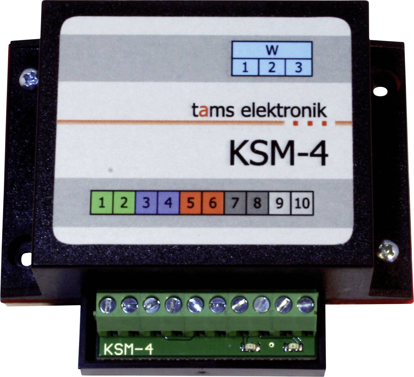 Elektronický modul Tams Elektronik KSM-4 se označenými pozicemi přepínače 1–10 a svorkovnicí, zobrazený zepředu.