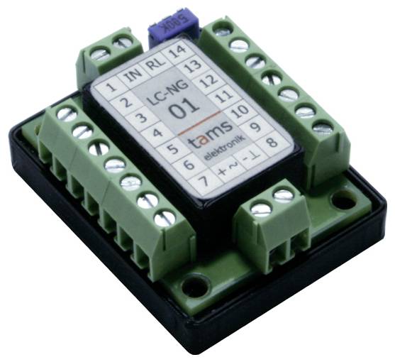 Zelený elektrický relé modul se šroubovacími svorkami na černé bázi, označený „tams elektronik" a „LC-NG 01".