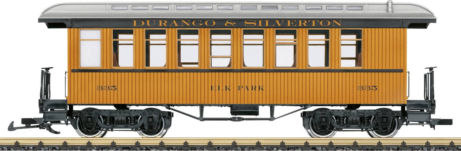 Vintage oranžový a černý vůz pro cestující na železnici označený „DURANGO & SILVERTON" a „LIRIS PARK" na kolejích, pohled ze strany.