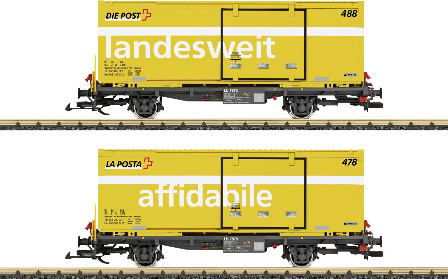Dva žluté železniční vozy Swiss Post na kolejích, jeden označený "landesweit" a druhý "affidabile", každý s logy Die Post/La Posta a čísly vozů 488 a 478.