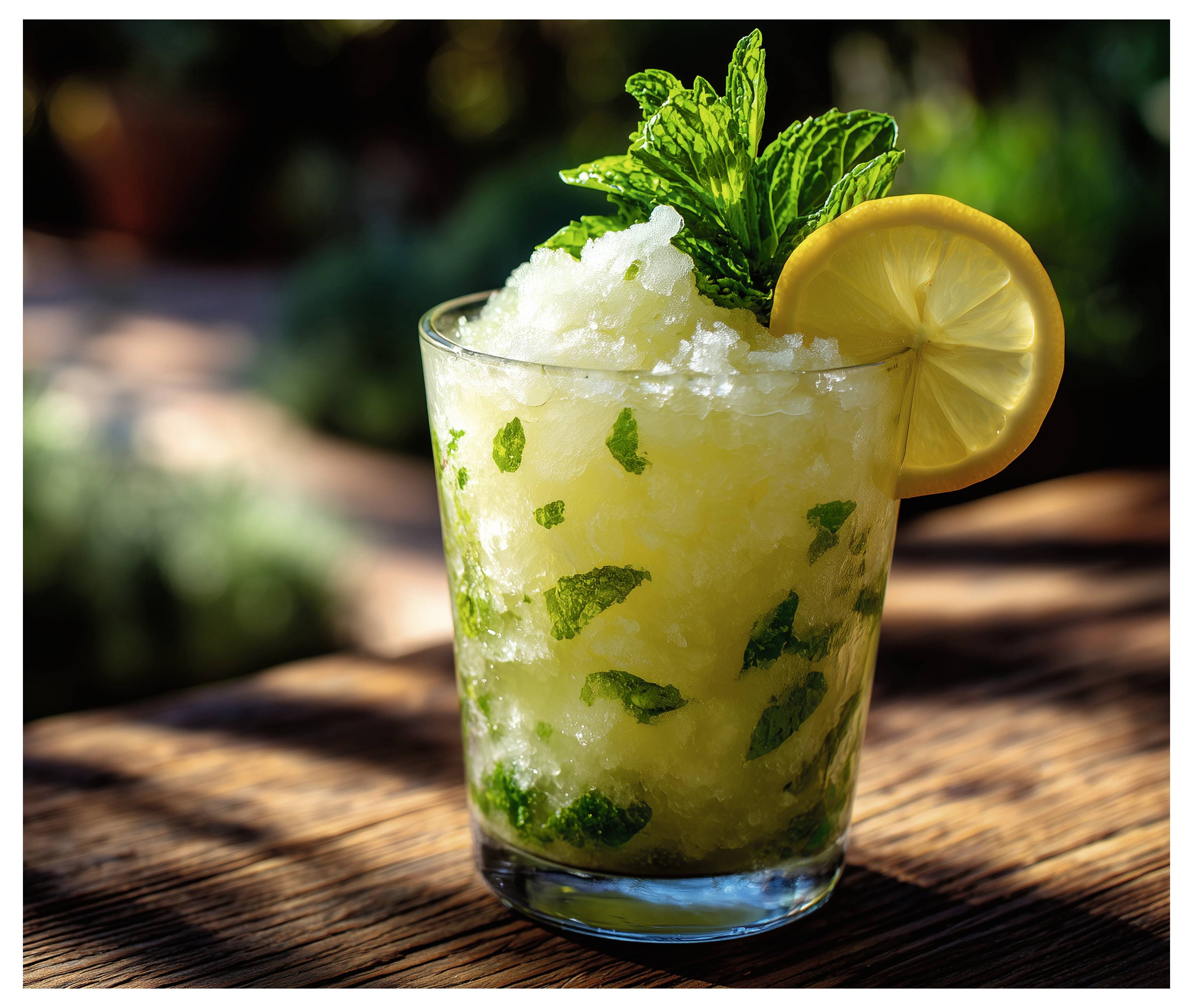 Sklenice minty citronové granity s čerstvou mátu a plátkem citronu na dřevěném stole.