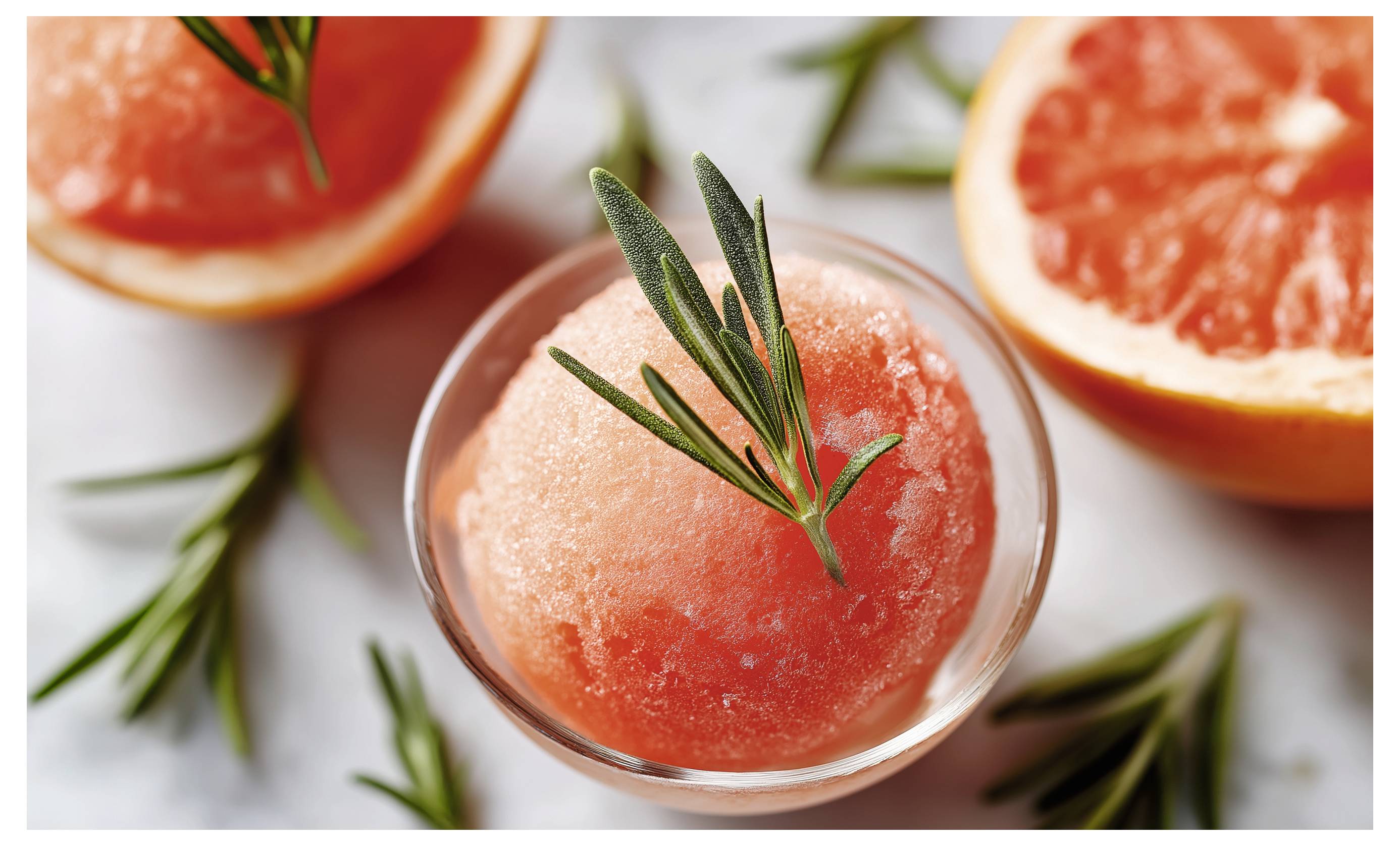 Sorbét z růžového grapefruitu v skleněné mísce, ozdobený rozmarýnem, obklopený krájením grapefruity.