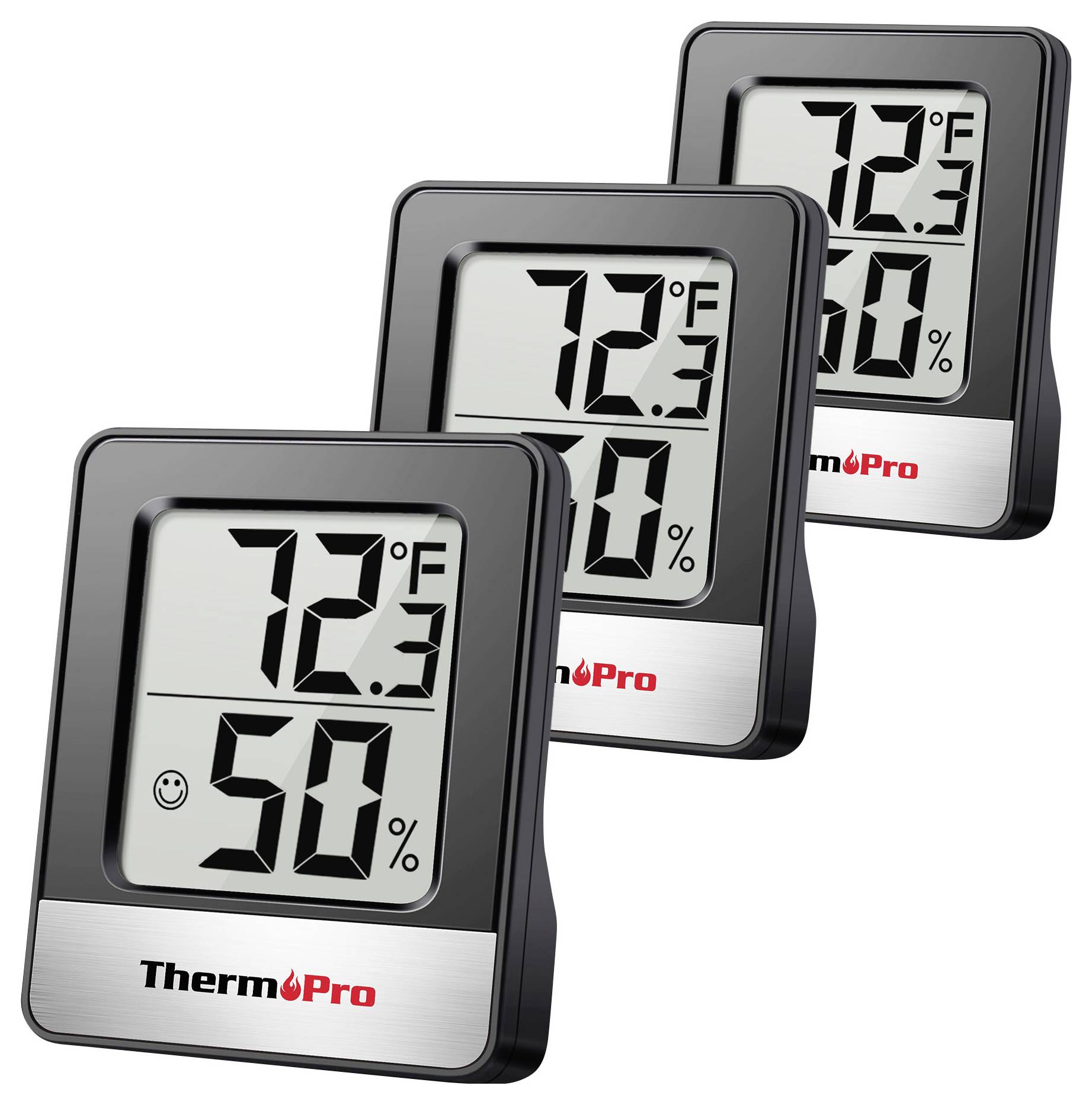Tři digitální teploměry-vlhkoměry ThermoPro, každý zobrazující 72,3°F a 50% vlhkosti, naskládané diagonálně na bílém pozadí.