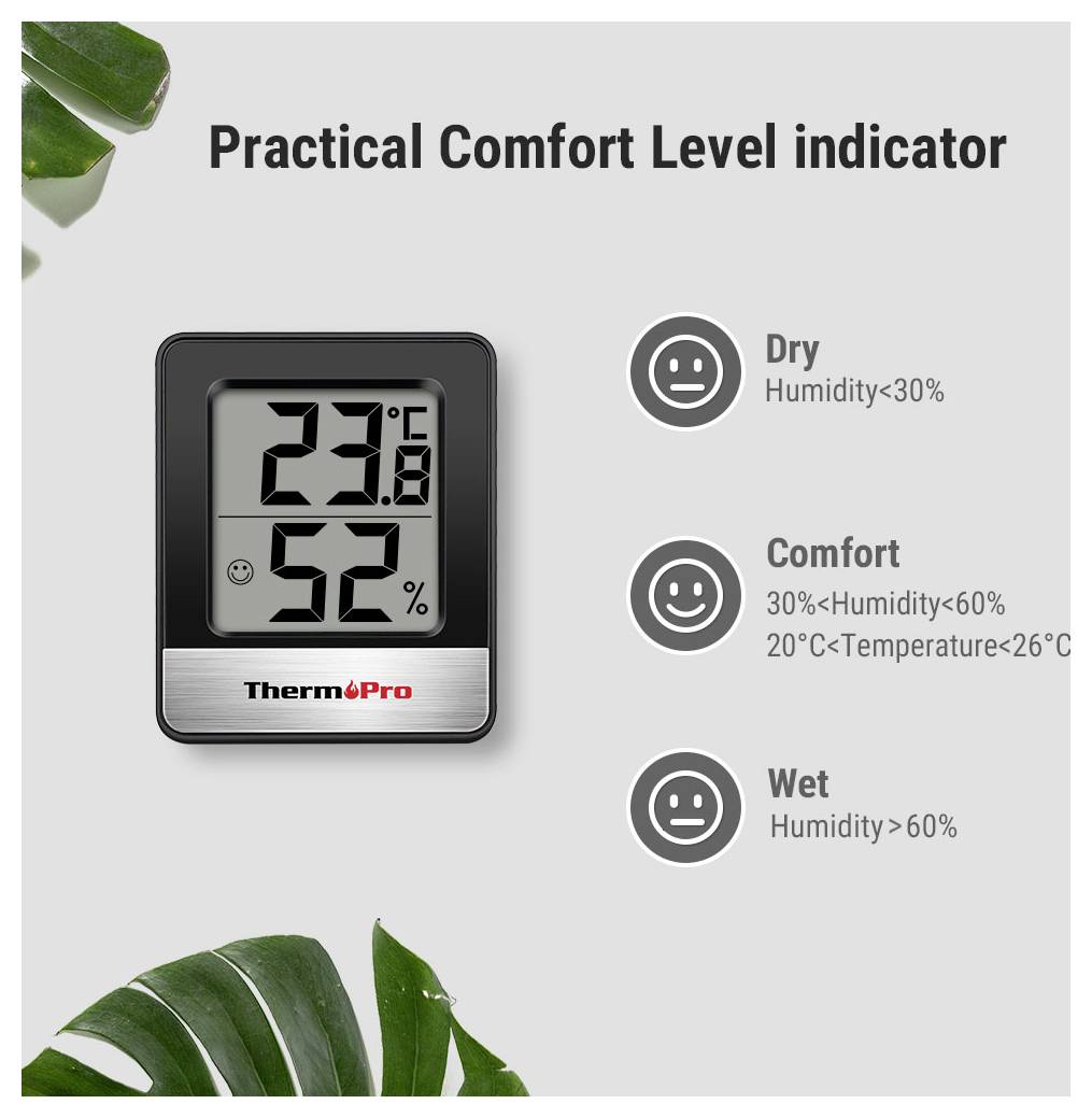 "Indikátor praktické úrovně pohodlí" ukazující digitální teploměr/vlhkoměr ThermoPro s údajem 23,8°C a 52% vlhkosti vzduchu, s rozsahy pro Suchý, Pohodlný a Vlhký.