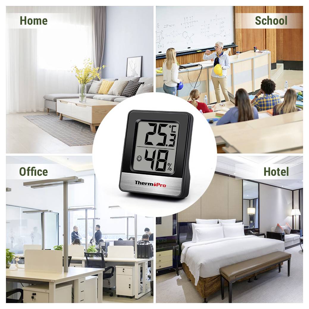 ThermoPro digitální teploměr-vlhkoměr zobrazující 25,3°C a 48% vlhkosti, zobrazený jako vhodný pro domácnost, školu, kancelář a hotelové použití.