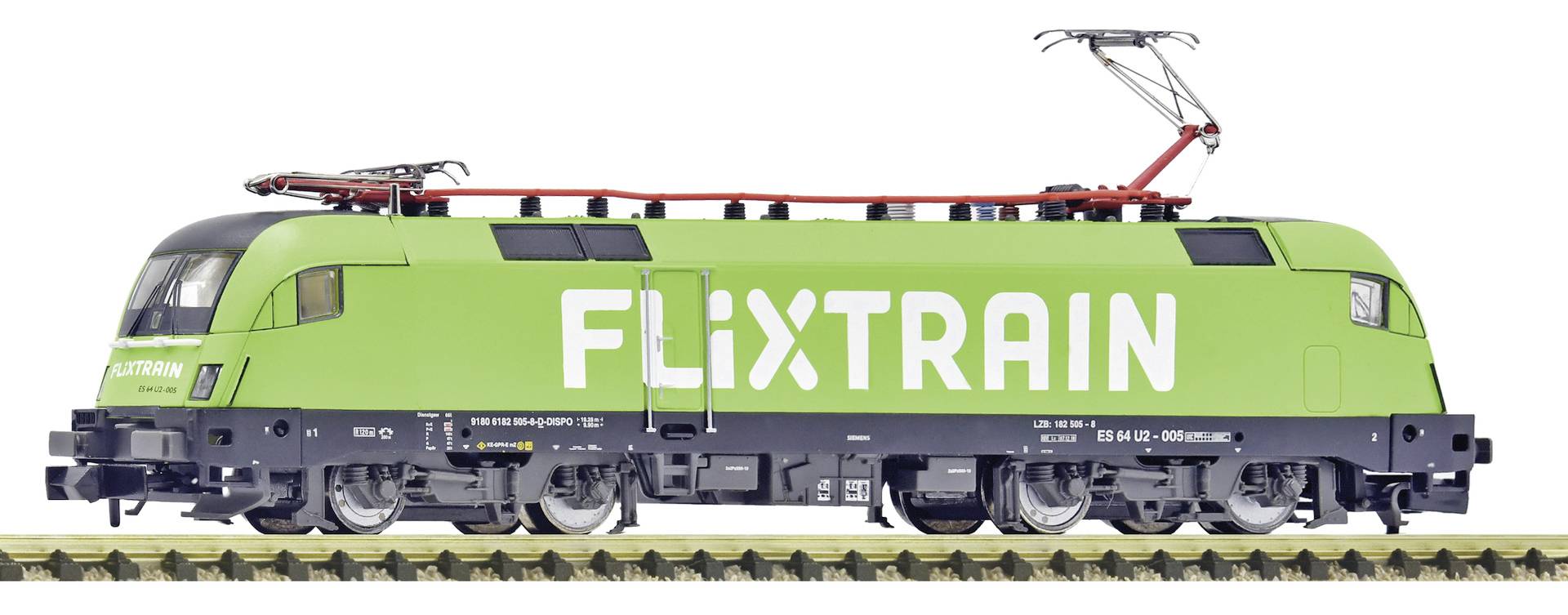 Zelené elektické lokomotivy FLIXTRAIN zobrazené v bočním pohledu na bílém pozadí.