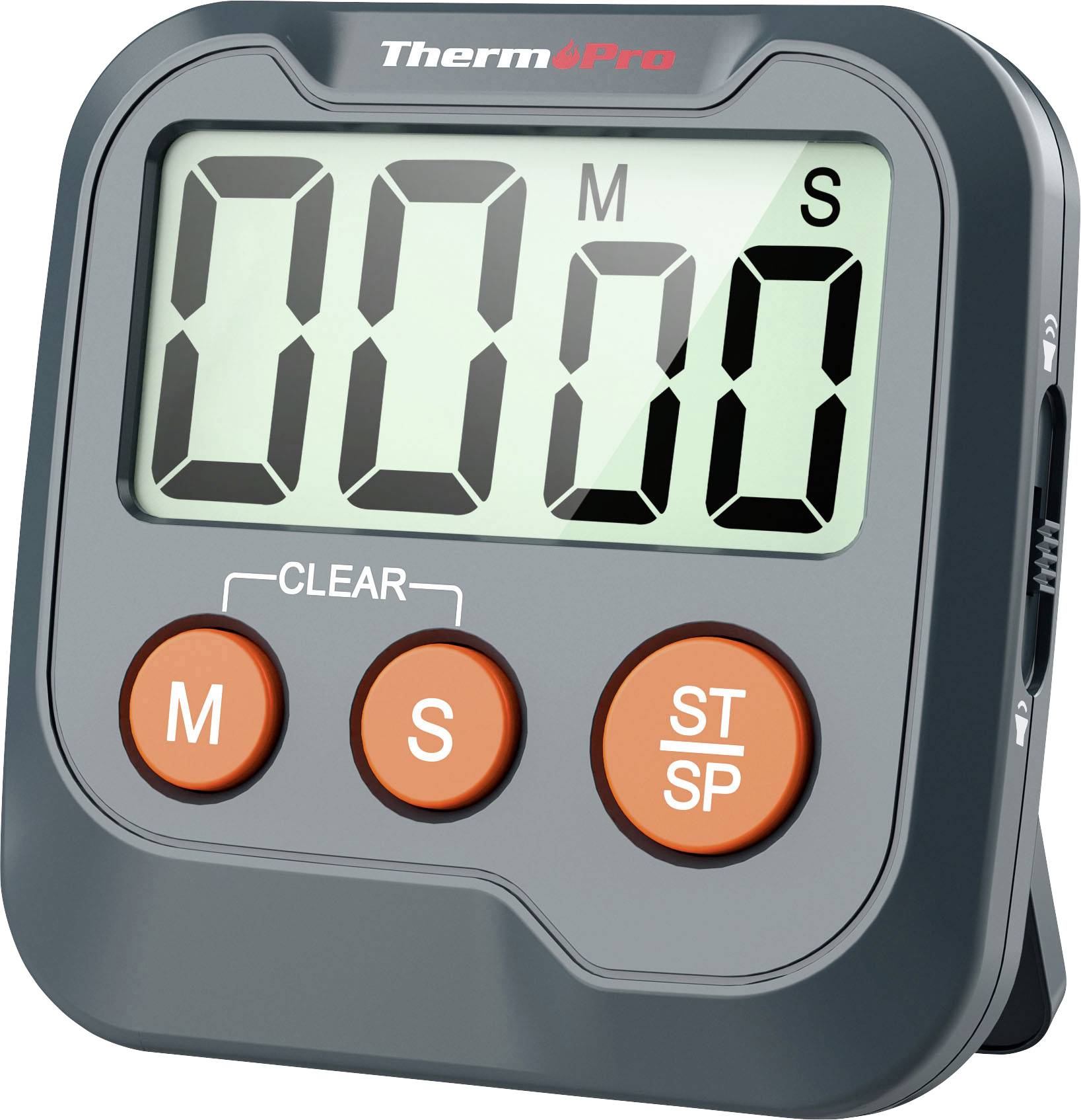 Digitální displej ThermoPro timeru zobrazující 00:00 s indikátory M a S a třemi oranžovými tlačítky označenými M, S a ST/SP.
