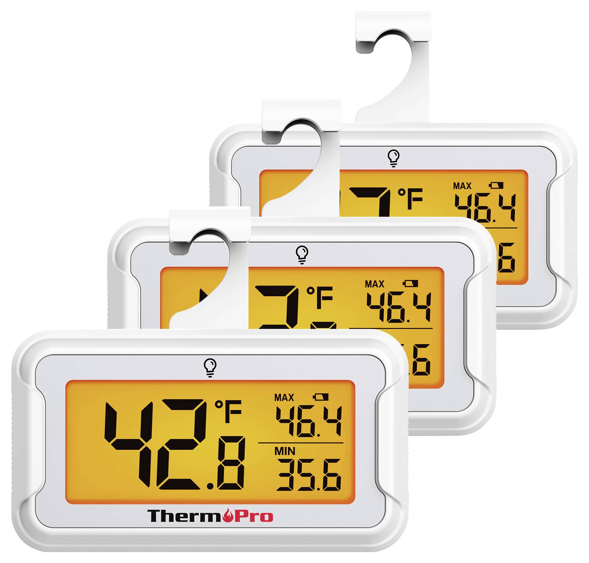Tři závěsné digitální teploměry ThermoPro navrstvené přes sebe, každý zobrazující teplotu na oranžových LCD obrazovkách.