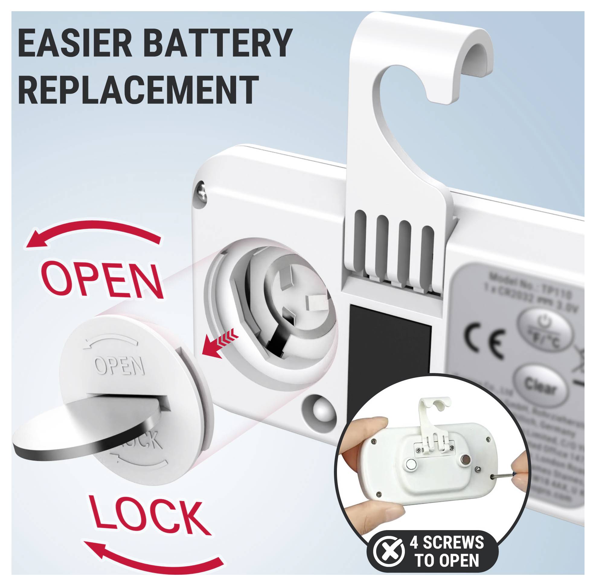 Diagram znázorňující snazší výměnu baterie: otočte kryt baterie z polohy 'LOCK' do polohy 'OPEN'; vložený text říká '4 SCREWS TO OPEN' (4 ŠROUBY K OTEVŘENÍ).