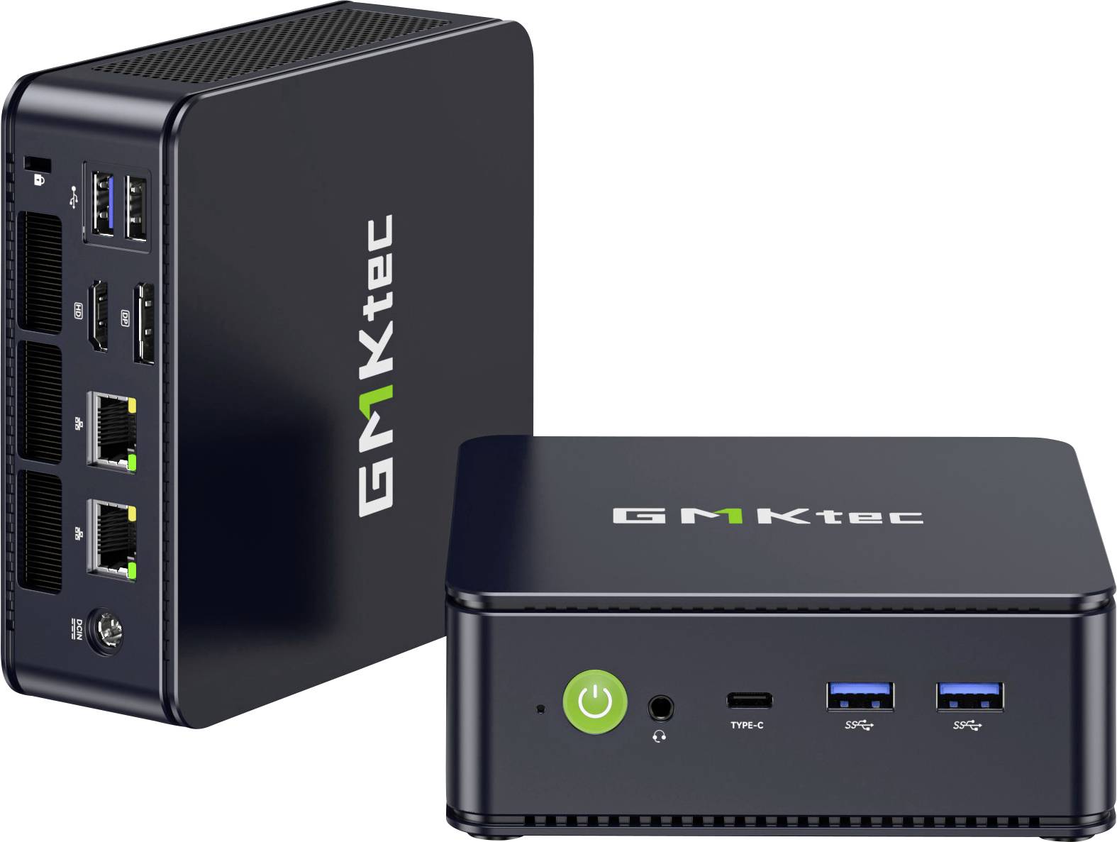 Dva černé mini počítače GMKtec zobrazené v přední a boční pohledu s viditelnými tlačítkem napájení, porty USB, Ethernet a připojením ve stylu HDMI.