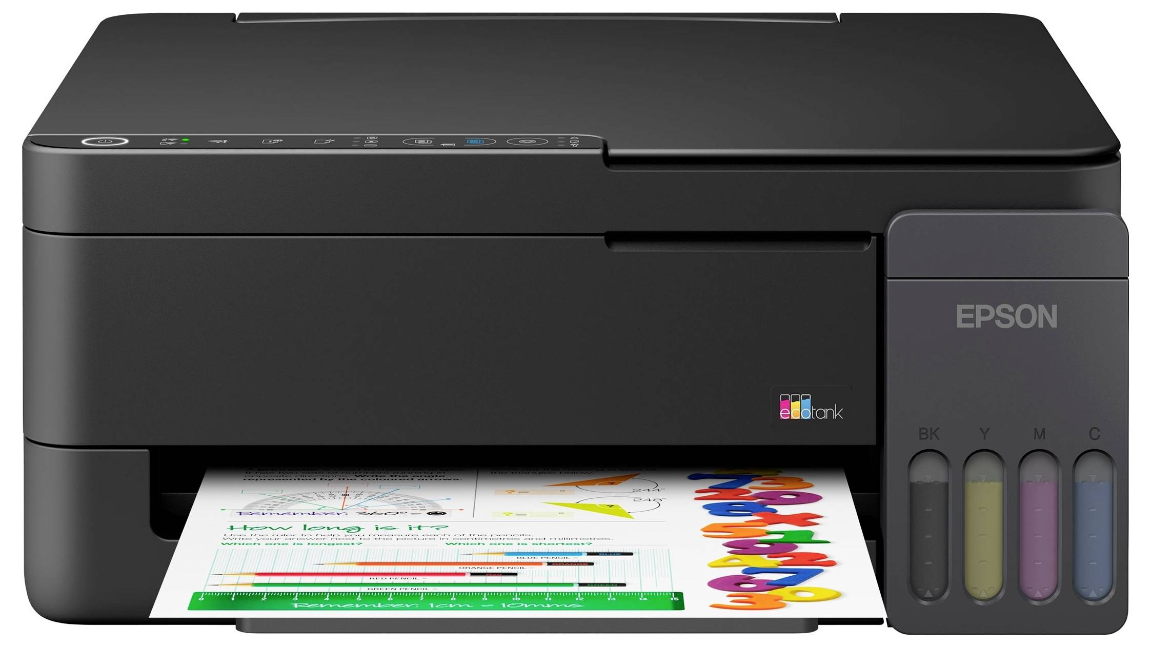 Černá inkoustová tiskárna Epson s nádrží na inkoust tiskující barevný dokument s viditelnými zásobníky na doplňovací inkoust na pravé straně.