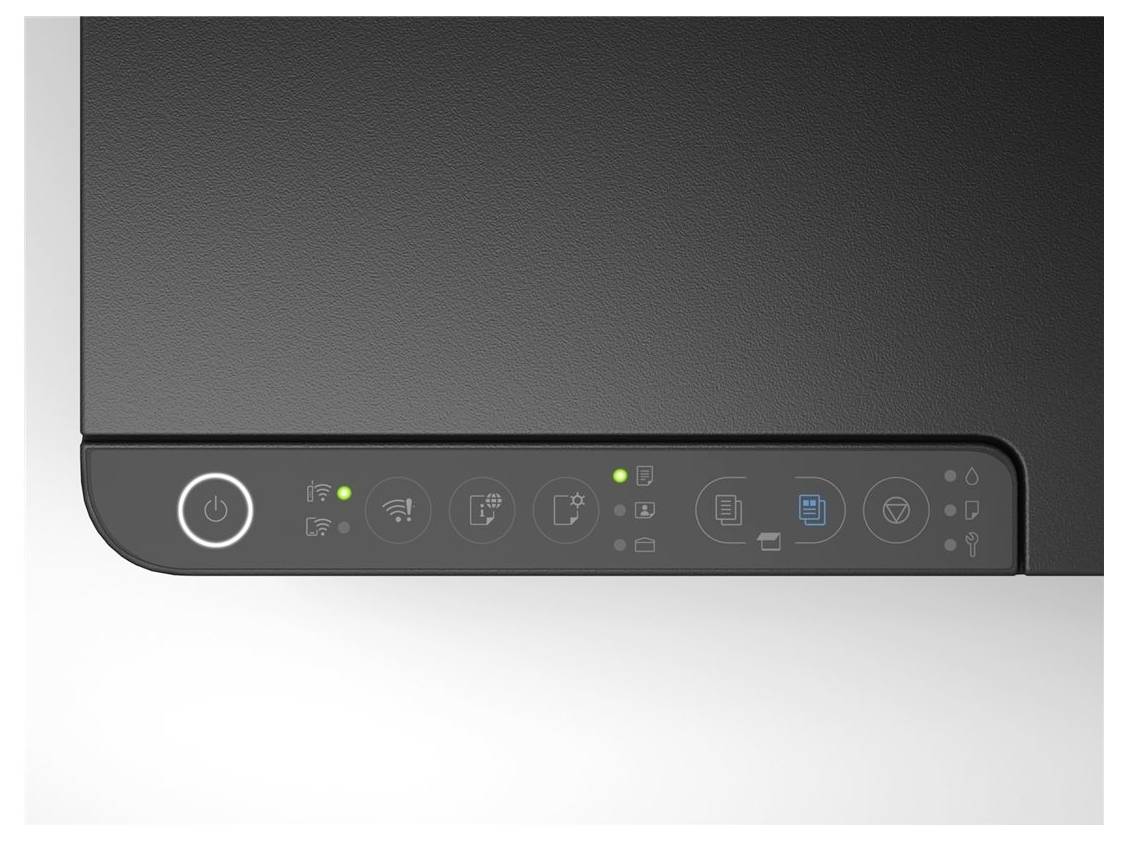 Přiblížený pohled na ovládací panel tiskárny s tlačítkem napájení, stavovými indikátory a dotykovými ikonami pro Wi-Fi, kopírování a funkce papíru nebo inkoustu.