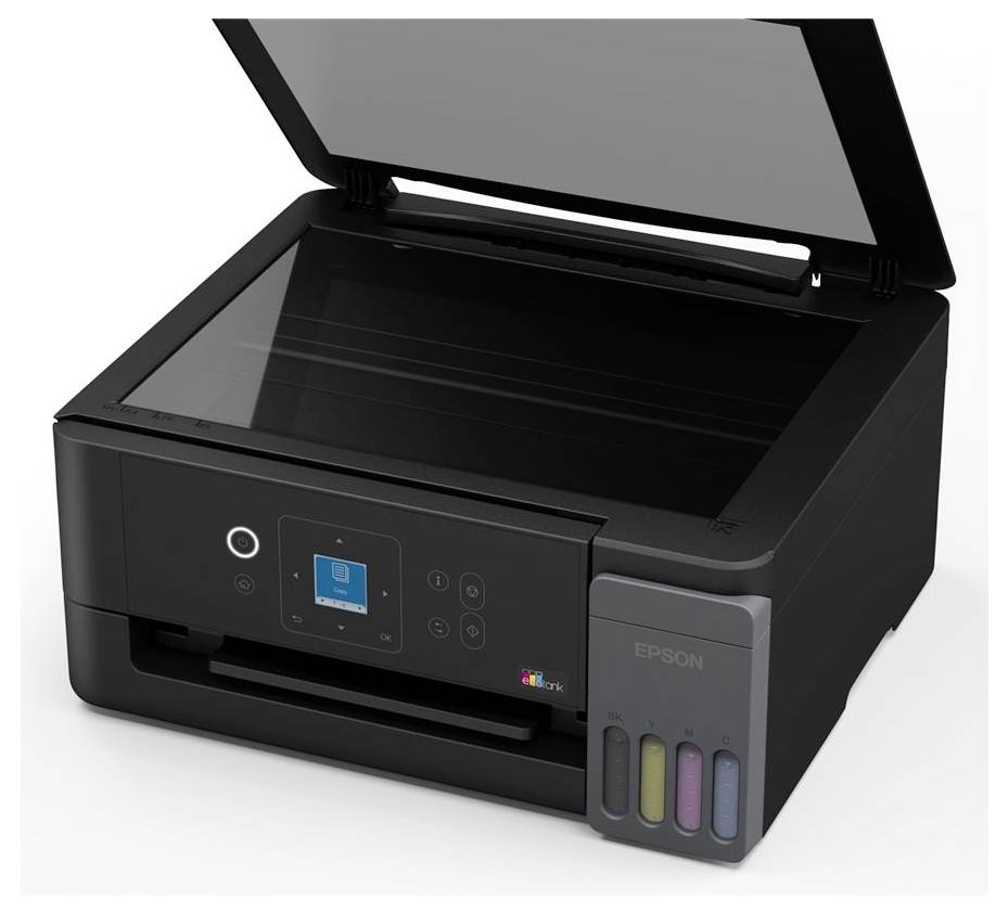 Černá multifunkční inkoustová tiskárna Epson se zvednutým víkem plochého skeneru a viditelnými předními nádržemi inkoustu