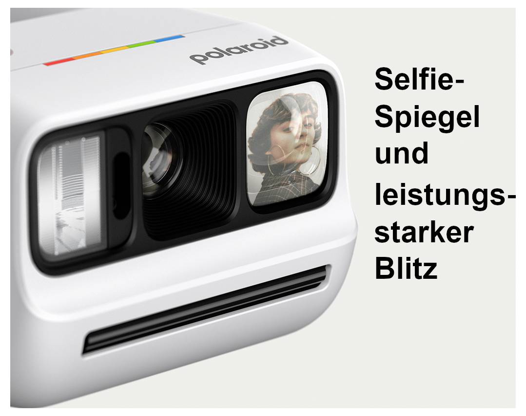 Polaroidní kamera se zrcadlem na selfie a výkonným bleskem; vpravo je text „Zrcadlo na selfie a výkonný blesk".