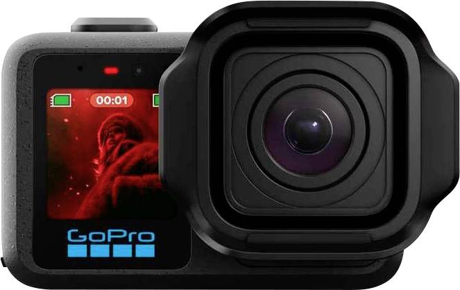 Přední pohled na akční kameru GoPro s velkým objektivem a malou zadní obrazovkou zobrazující červený obraz nahrávání a časovač 00:01.