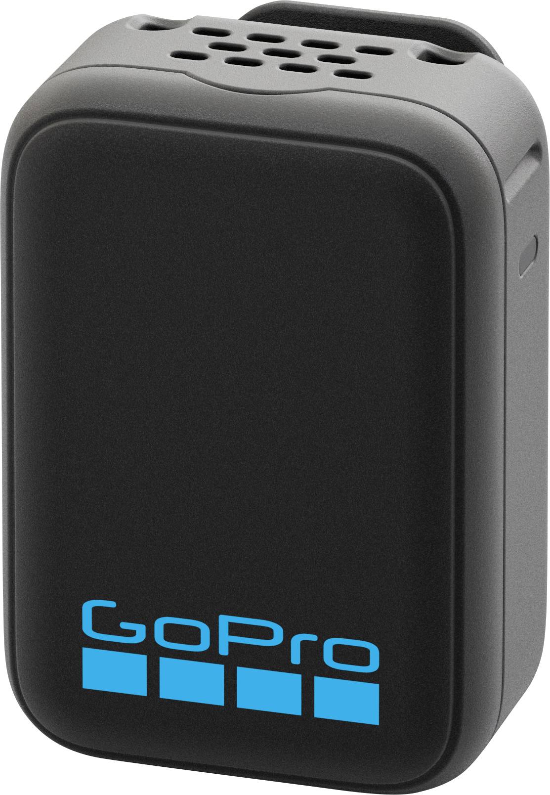 Černý příslušenství GoPro kamery nebo reproduktor s modrým logem GoPro na přední straně