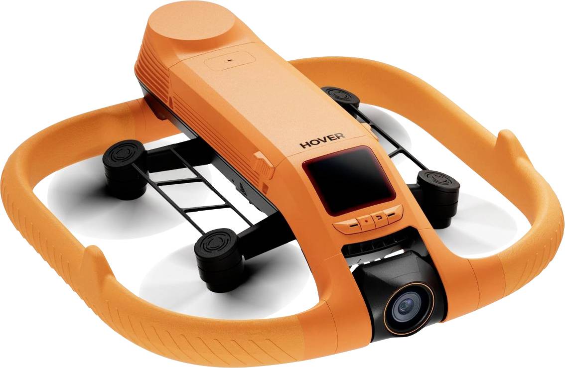 Oranžové zařízení podobné dronu „HOVER" se čtyřmi rotory uvnitř ochranného kruhu, zobrazeno samostatně na bílém pozadí.