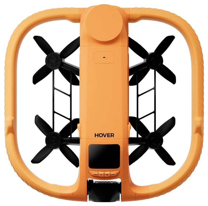 Oranžový dron kvadrokoptéra s ochranným rámem v podobě kroužku a čtyřmi černými vrtulemi, zobrazen čelně na bílém pozadí.