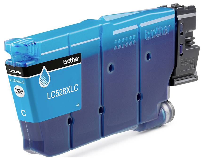 Cartridge Brother LC528XLC azurová barva zobrazená izolovaně na bílém pozadí.