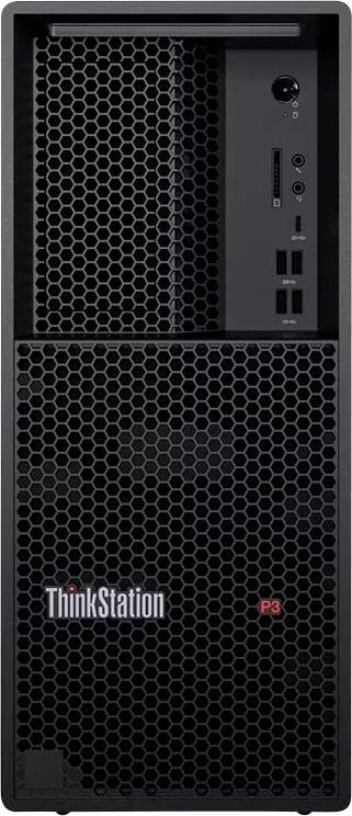 Přední pohled na pracovní stanici Lenovo ThinkStation P3 typu věž se šestiúhelníkovým mřížovým předním panelem a předními porty na pravé straně