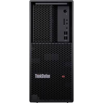 Přední pohled na stolní věž Lenovo ThinkStation P3 s černou šestihrannou mřížkou a čelními porty/tlačítky na pravé straně.