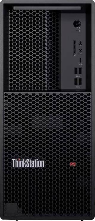 Přední pohled na stolní věž Lenovo ThinkStation P3 s černou síťovanou přední mřížkou a porty předního panelu a tlačítkem napájení.