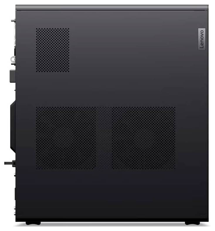 Černá věž stolního počítače Lenovo zobrazená ze strany s ventilačními mřížkami a logem v pravém horním rohu.