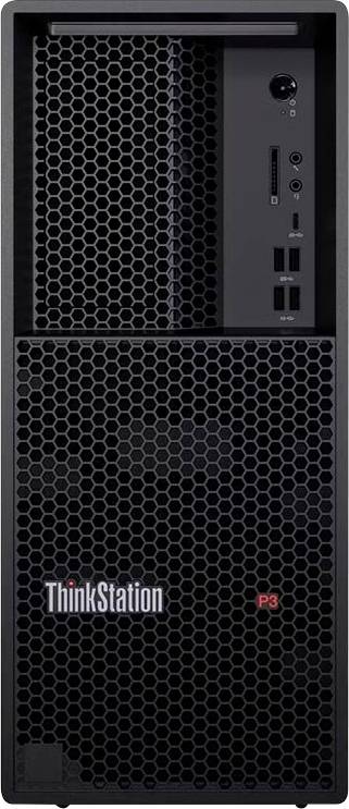 Přední pohled na stolní počítač Lenovo ThinkStation P3 s voštinovou ventilační mřížkou a předními porty I/O.