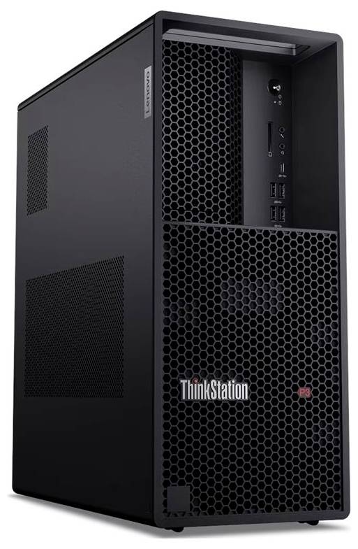 Černá desktopová věž Lenovo ThinkStation s plastovým předním panelem se vzorem a předními porty USB/audio, zobrazená pod úhlem.